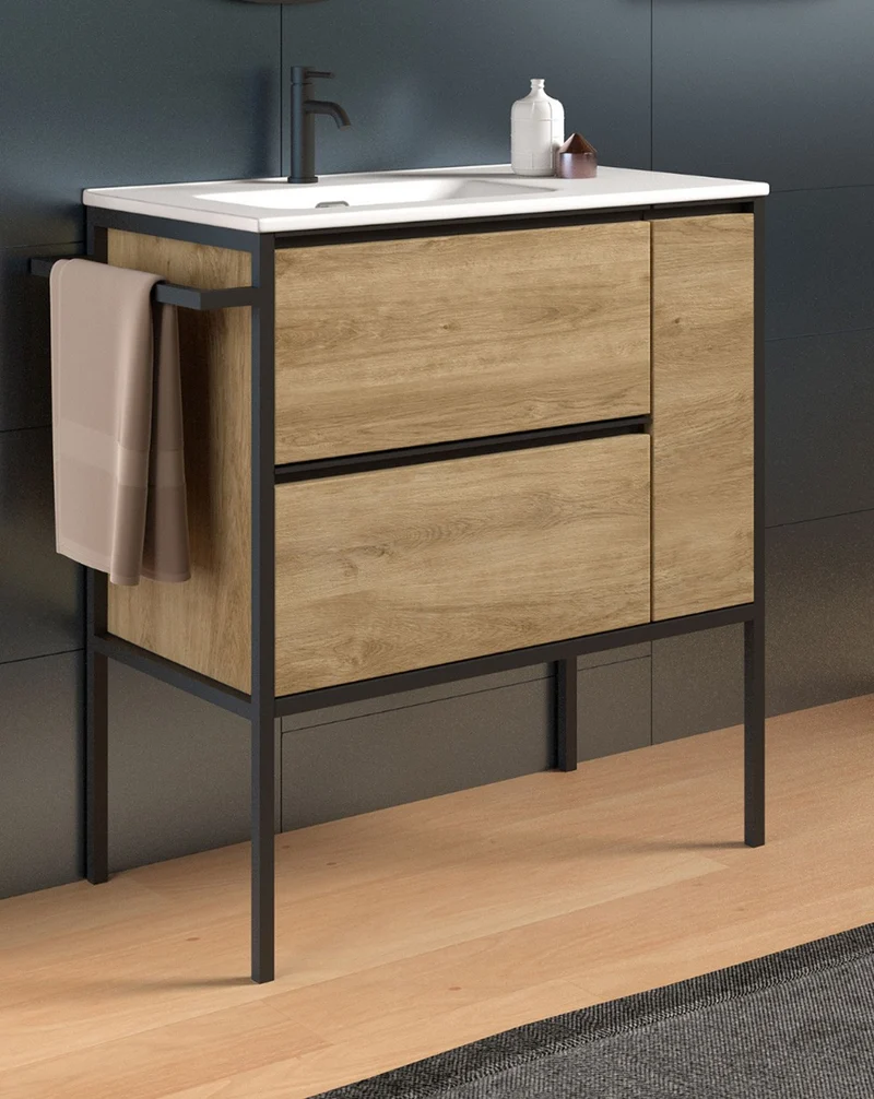 Avant Mueble de Baño Al Suelo con Lavabo Cerámico | 2 cajones y Puerta Lateral con Cierre Amortiguado y Organizador | Roble Natural