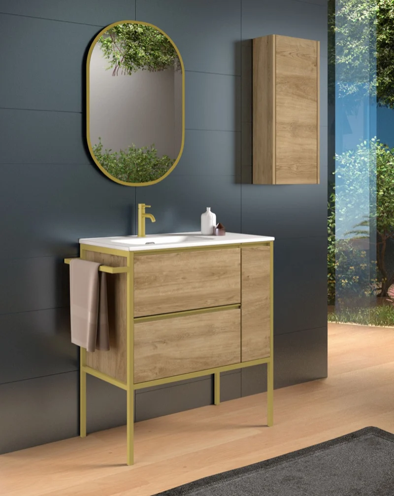 Avant Mueble de Baño Al Suelo con Lavabo Cerámico | 2 cajones y Puerta Lateral con Cierre Amortiguado y Organizador | Roble Natural