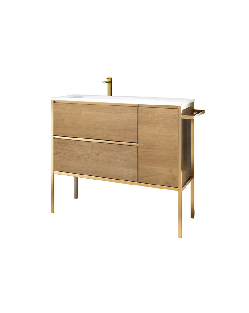 Avant Mueble de Baño Al Suelo con Lavabo Cerámico | 2 cajones y Puerta Lateral con Cierre Amortiguado y Organizador | Roble Natural