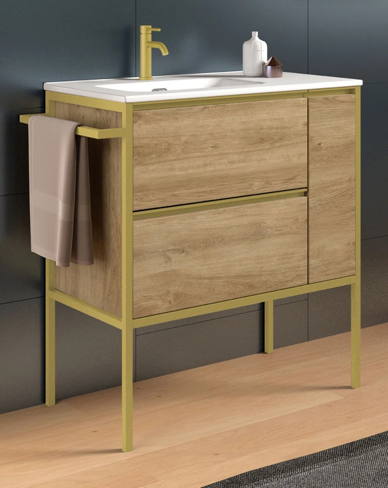 Avant Mueble de Baño Al Suelo con Lavabo Cerámico | 2 cajones y Puerta Lateral con Cierre Amortiguado y Organizador | Roble Natural