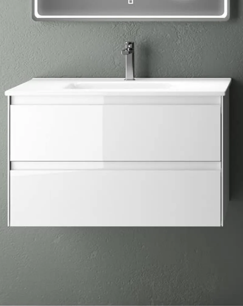 Praga Mueble de Baño Suspendido con Lavabo Cerámico | Mueble Baño Volado de 2 cajones | Blanco Brillo