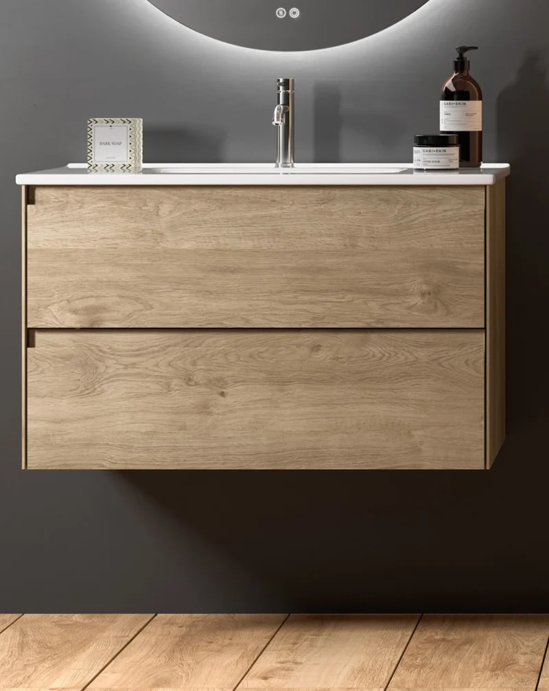Praga Mueble de Baño Suspendido con Lavabo Cerámico | Mueble Baño Volado de 2 cajones | Roble Natural