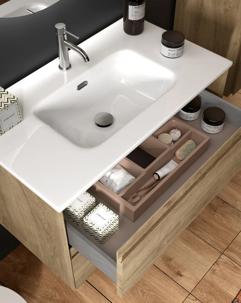 Praga Mueble de Baño Suspendido con Lavabo Cerámico | Mueble Baño Volado de 2 cajones | Roble Natural
