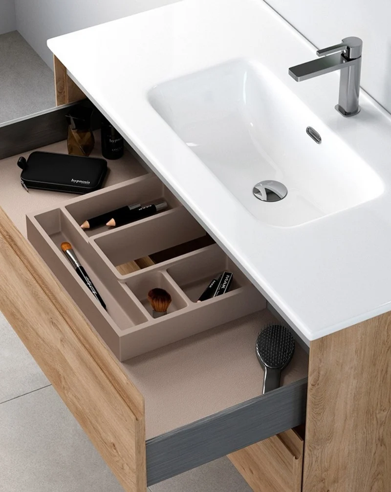 Praga Mueble de Baño Suspendido con Lavabo Cerámico | Mueble Baño Volado de 2 cajones | Roble Natural