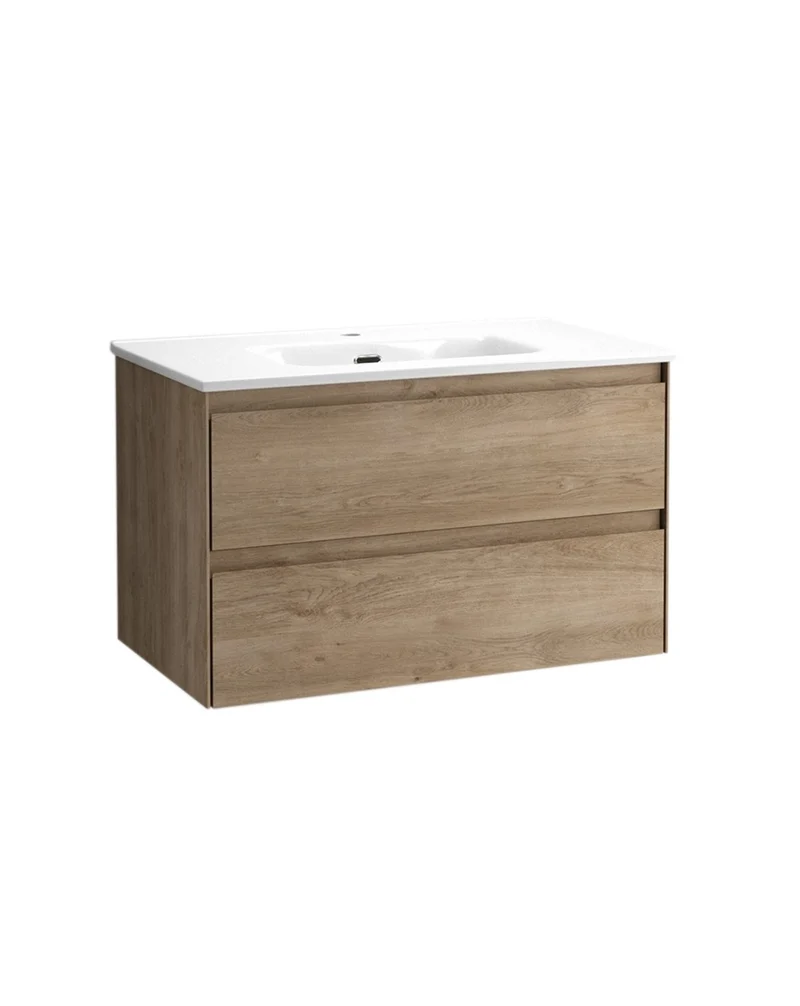 Praga Mueble de Baño Suspendido con Lavabo Cerámico | Mueble Baño Volado de 2 cajones | Roble Natural