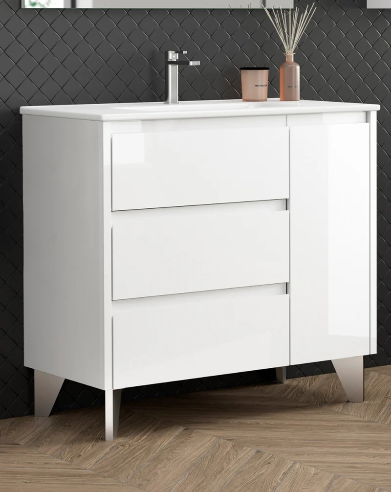 Cervino Mueble de Baño al Suelo con Lavabo Cerámico | 3 cajones y 1 Puerta con Cierre Amortiguado | Blanco Brillo