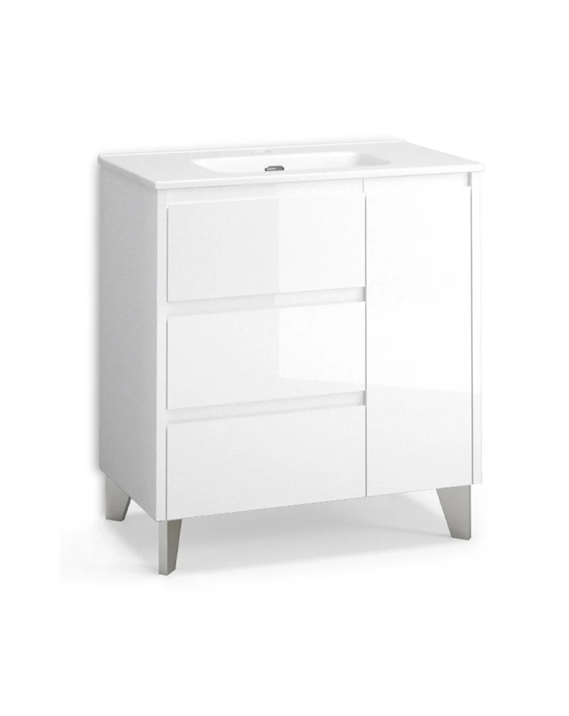 Cervino Mueble de Baño al Suelo con Lavabo Cerámico | 3 cajones y 1 Puerta con Cierre Amortiguado | Blanco Brillo