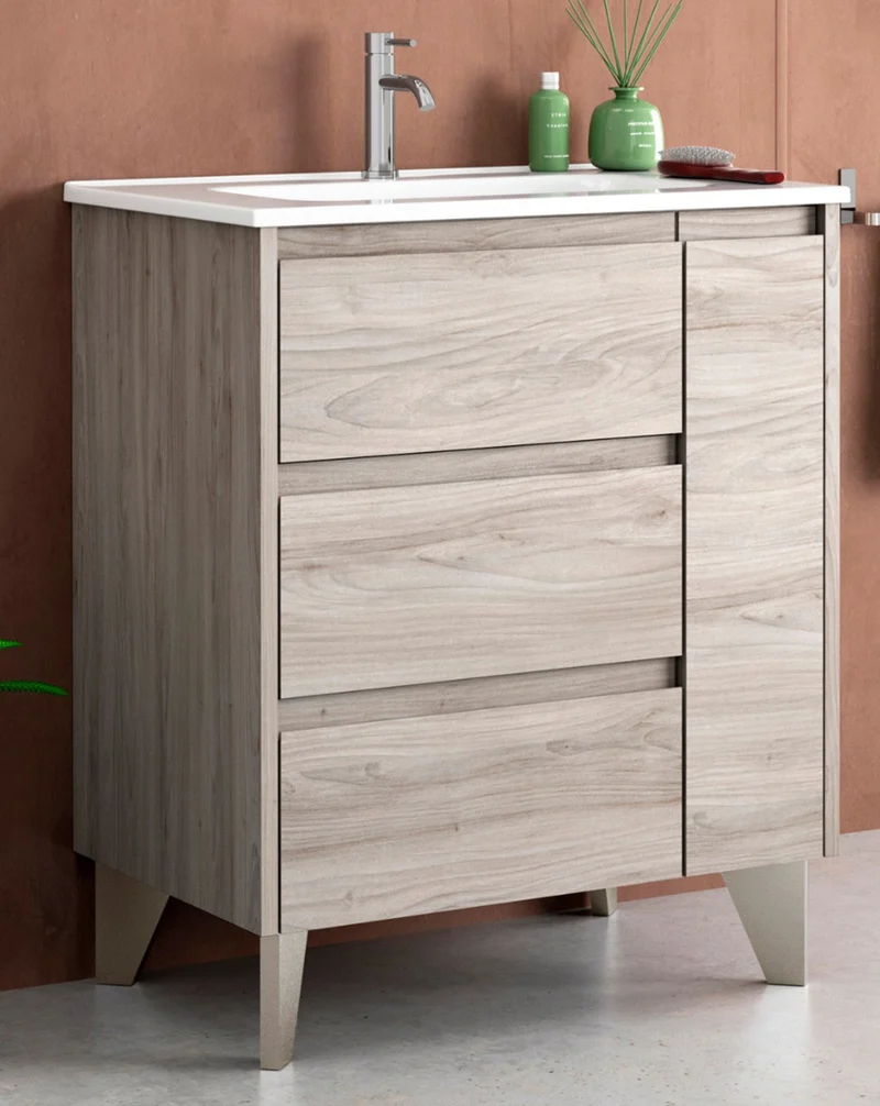 Cervino Mueble de Baño al Suelo con Lavabo Cerámico | 3 cajones y 1 Puerta con Cierre Amortiguado | Pino Gris