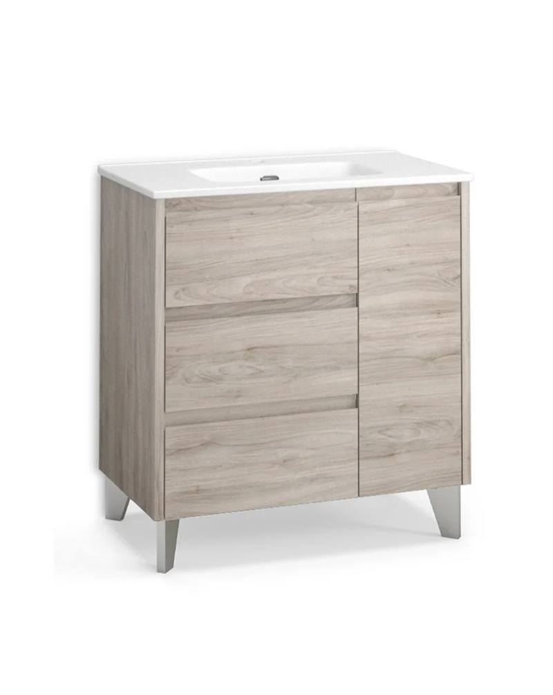 Cervino Mueble de Baño al Suelo con Lavabo Cerámico | 3 cajones y 1 Puerta con Cierre Amortiguado | Pino Gris
