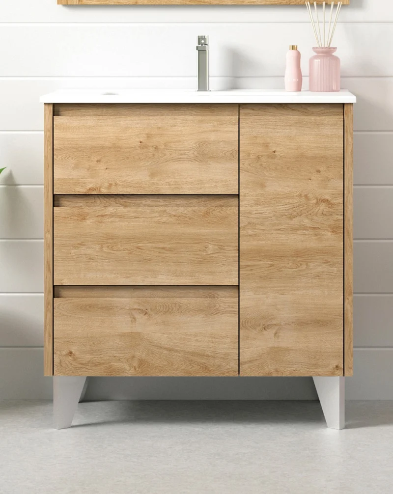 Cervino Mueble de Baño al Suelo con Lavabo Cerámico | 3 cajones y 1 Puerta con Cierre Amortiguado | Roble Natural