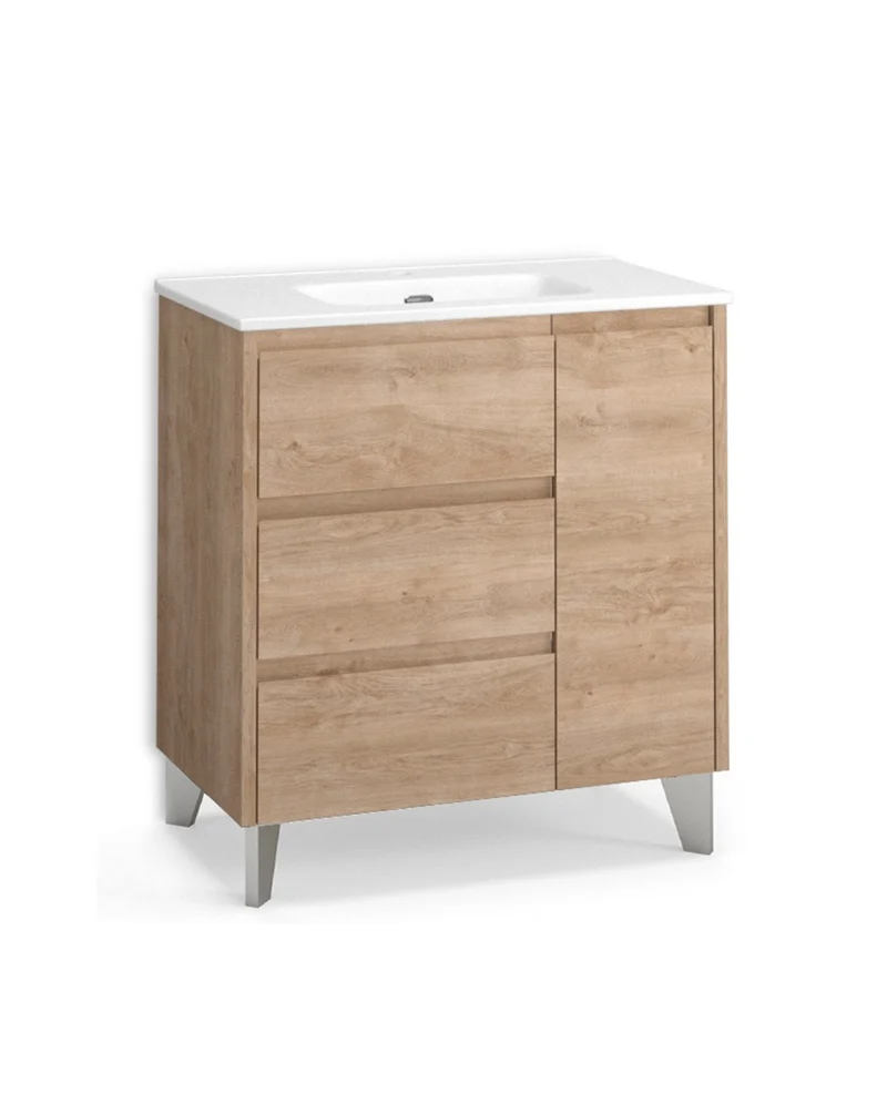 Cervino Mueble de Baño al Suelo con Lavabo Cerámico | 3 cajones y 1 Puerta con Cierre Amortiguado | Roble Natural