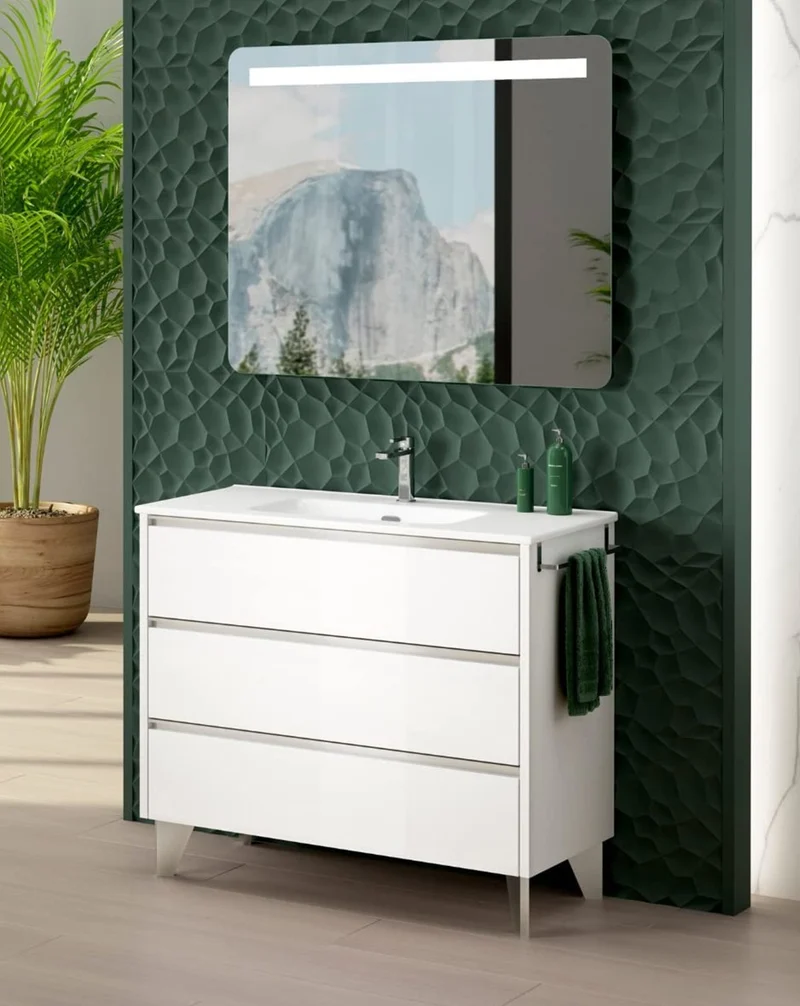 Escorpio Mueble de Baño al Suelo con Lavabo Cerámico | 3 Cajones con Cierre Amortiguado y Organizador | Blanco Brillo