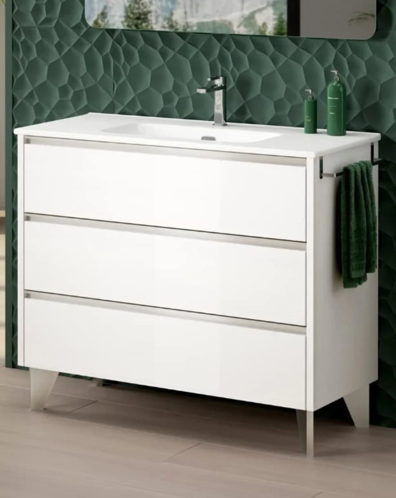 Escorpio Mueble de Baño al Suelo con Lavabo Cerámico | 3 Cajones con Cierre Amortiguado y Organizador | Blanco Brillo