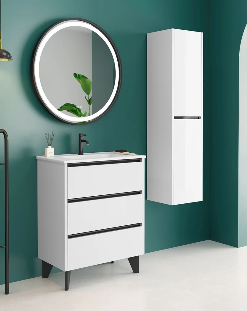 Escorpio Mueble de Baño al Suelo con Lavabo Cerámico | 3 Cajones con Cierre Amortiguado y Organizador | Blanco Brillo