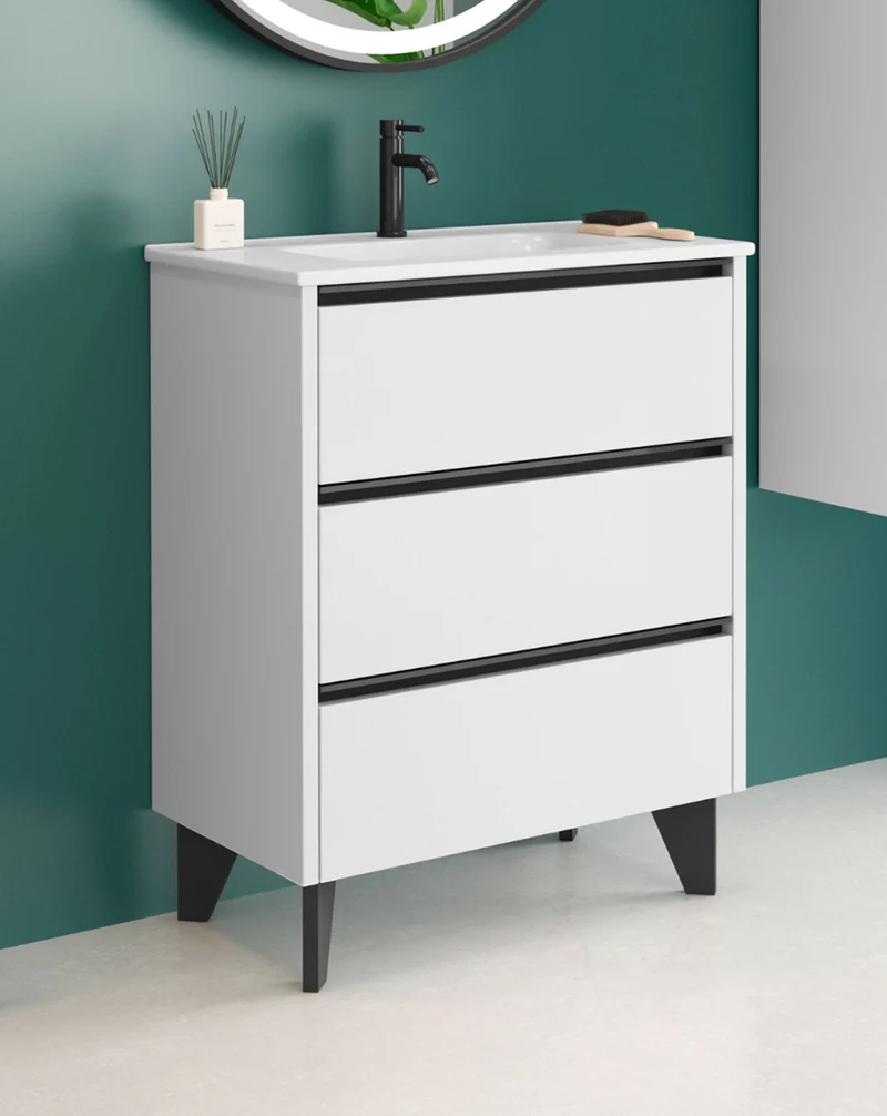 Escorpio Mueble de Baño al Suelo con Lavabo Cerámico | 3 Cajones con Cierre Amortiguado y Organizador | Blanco Brillo