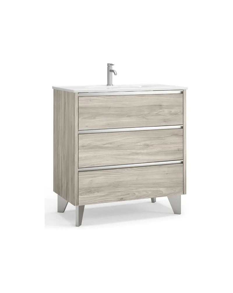 Escorpio Mueble de Baño al Suelo con Lavabo Cerámico | 3 Cajones con Cierre Amortiguado y Organizador | Pino Gris