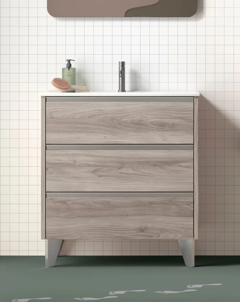 Escorpio Mueble de Baño al Suelo con Lavabo Cerámico | 3 Cajones con Cierre Amortiguado y Organizador | Pino Gris