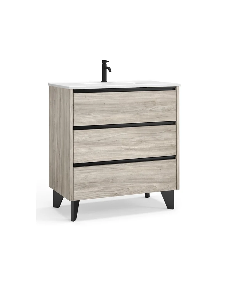 Escorpio Mueble de Baño al Suelo con Lavabo Cerámico | 3 Cajones con Cierre Amortiguado y Organizador | Pino Gris