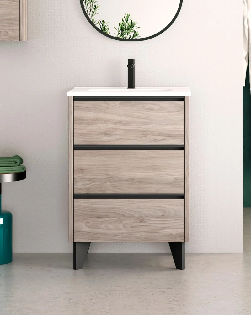 Escorpio Mueble de Baño al Suelo con Lavabo Cerámico | 3 Cajones con Cierre Amortiguado y Organizador | Pino Gris