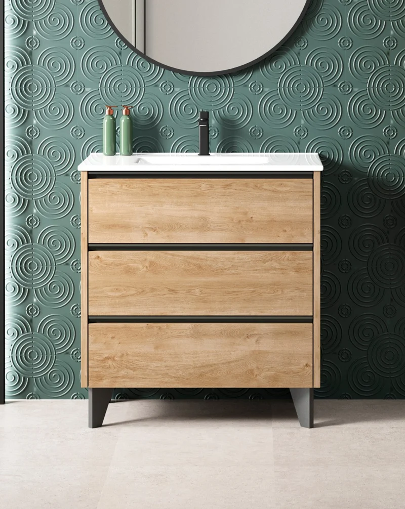 Escorpio Mueble de Baño al Suelo con Lavabo Cerámico | 3 Cajones con Cierre Amortiguado y Organizador | Roble Natural