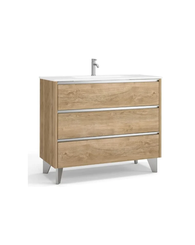 Escorpio Mueble de Baño al Suelo con Lavabo Cerámico | 3 Cajones con Cierre Amortiguado y Organizador | Roble Natural