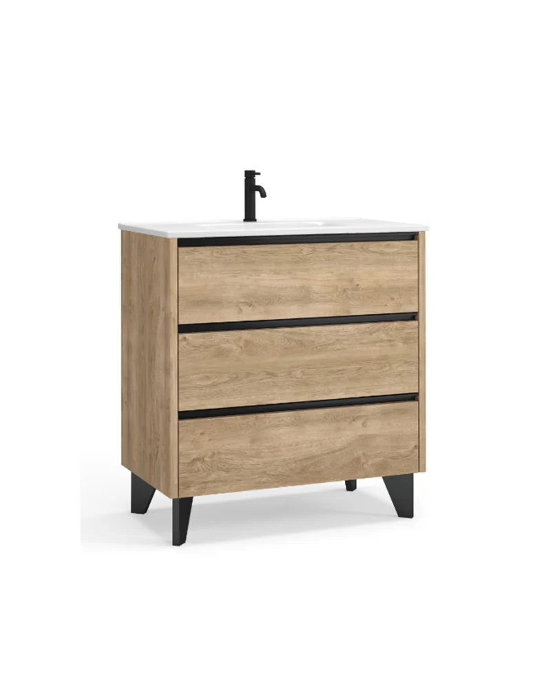 Escorpio Mueble de Baño al Suelo con Lavabo Cerámico | 3 Cajones con Cierre Amortiguado y Organizador | Roble Natural