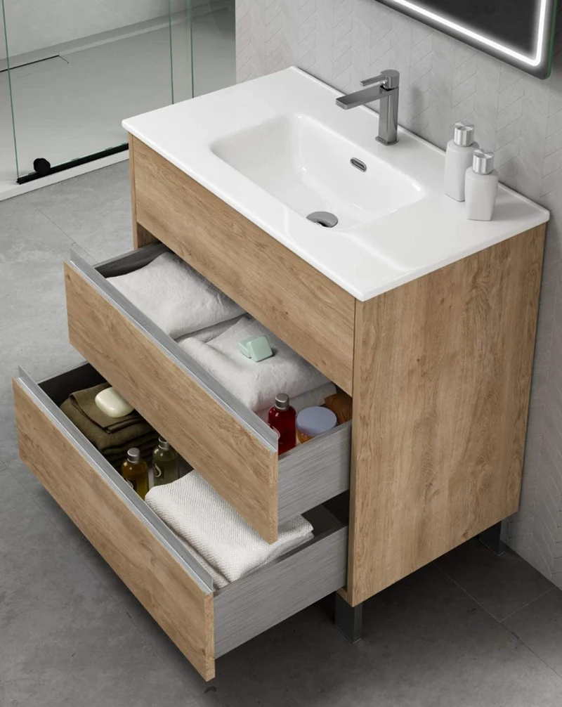 Escorpio Mueble de Baño al Suelo con Lavabo Cerámico | 3 Cajones con Cierre Amortiguado y Organizador | Roble Natural