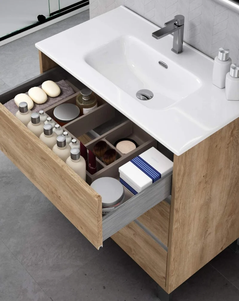 Escorpio Mueble de Baño al Suelo con Lavabo Cerámico | 3 Cajones con Cierre Amortiguado y Organizador | Roble Natural