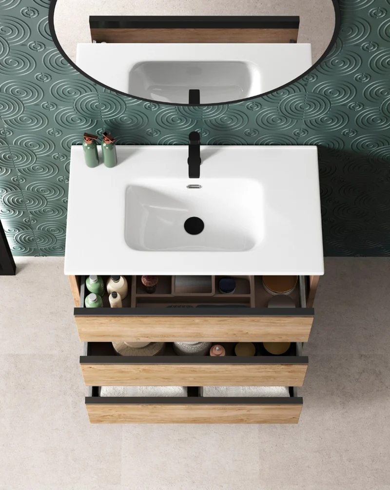 Escorpio Mueble de Baño al Suelo con Lavabo Cerámico | 3 Cajones con Cierre Amortiguado y Organizador | Roble Natural