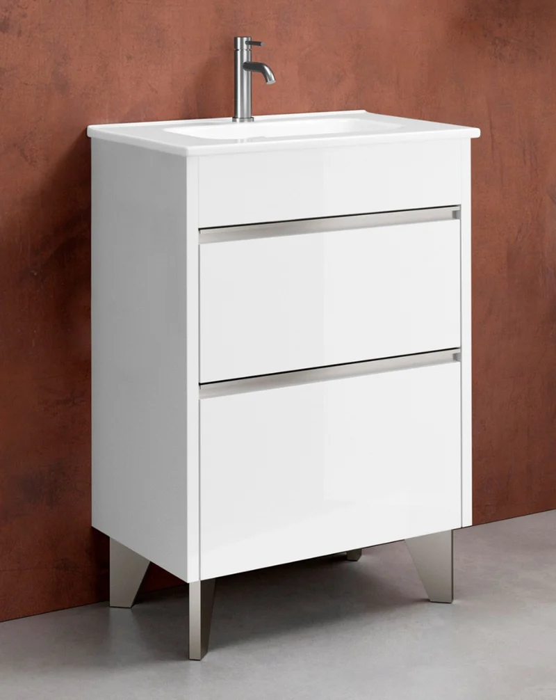 Berna Mueble de Baño al Suelo con Lavabo Cerámico de Fondo Reducido | 2 Cajones con Cierre Amortiguado y Organizador | Blanco Brillo