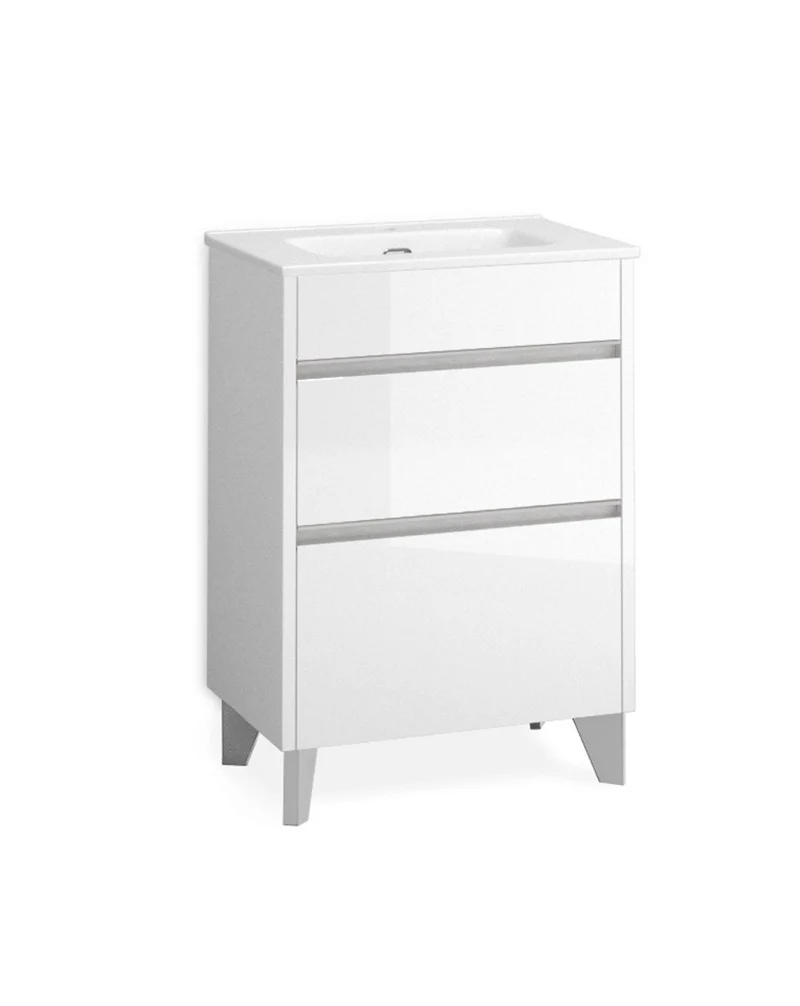 Berna Mueble de Baño al Suelo con Lavabo Cerámico de Fondo Reducido | 2 Cajones con Cierre Amortiguado y Organizador | Blanco Brillo