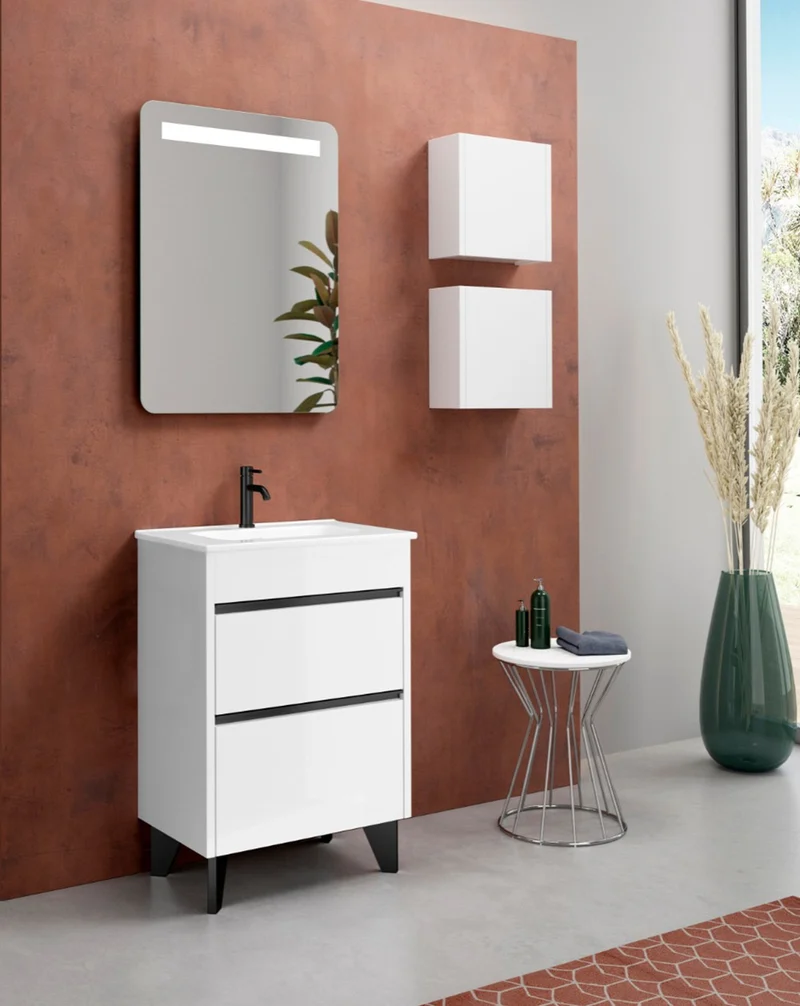 Berna Mueble de Baño al Suelo con Lavabo Cerámico de Fondo Reducido | 2 Cajones con Cierre Amortiguado y Organizador | Blanco Brillo