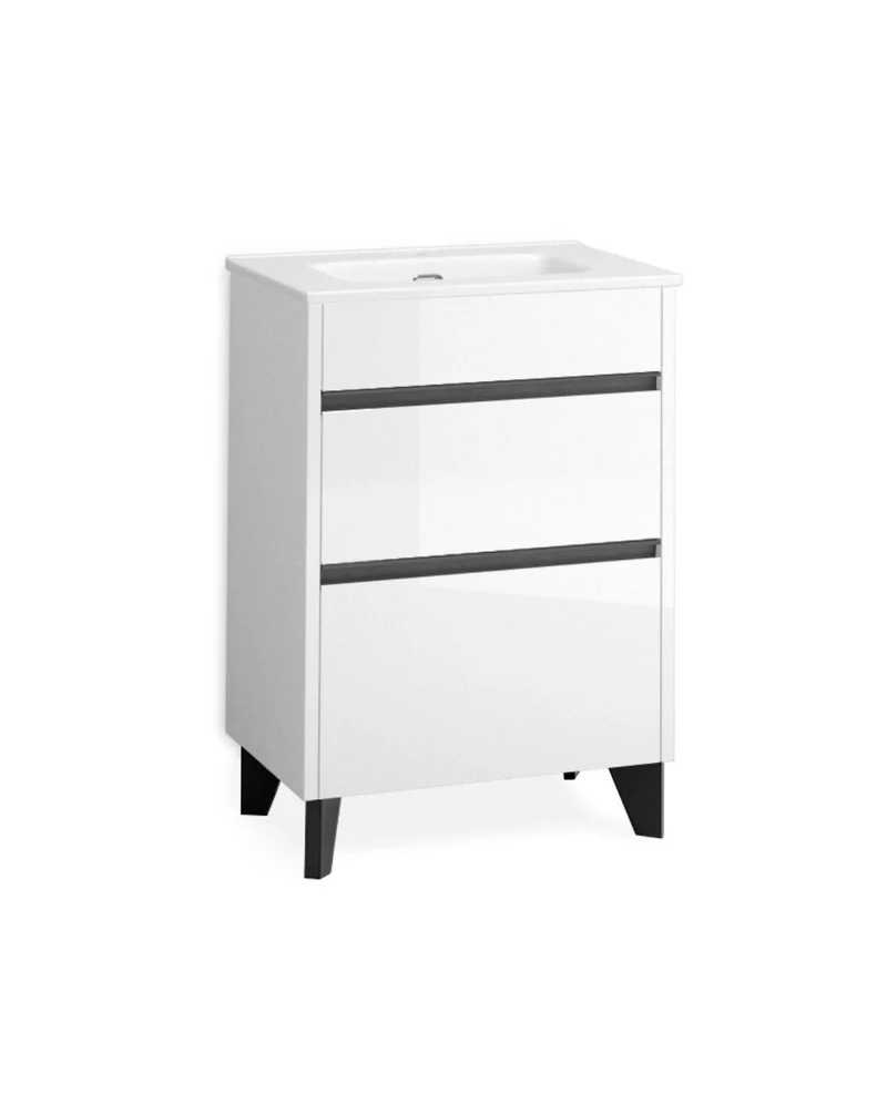 Berna Mueble de Baño al Suelo con Lavabo Cerámico de Fondo Reducido | 2 Cajones con Cierre Amortiguado y Organizador | Blanco Brillo