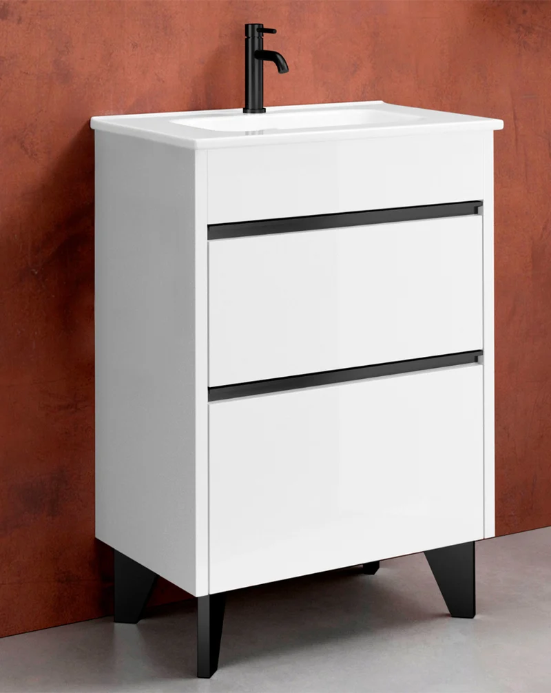 Berna Mueble de Baño al Suelo con Lavabo Cerámico de Fondo Reducido | 2 Cajones con Cierre Amortiguado y Organizador | Blanco Brillo