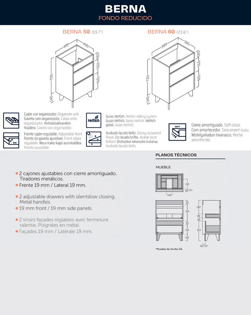 Berna Mueble de Baño al Suelo con Lavabo Cerámico de Fondo Reducido | 2 Cajones con Cierre Amortiguado y Organizador | Roble Natural