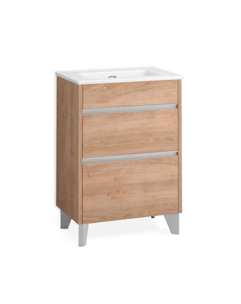 Berna Mueble de Baño al Suelo con Lavabo Cerámico de Fondo Reducido | 2 Cajones con Cierre Amortiguado y Organizador | Roble Natural