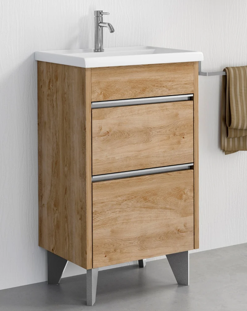 Berna Mueble de Baño al Suelo con Lavabo Cerámico de Fondo Reducido | 2 Cajones con Cierre Amortiguado y Organizador | Roble Natural