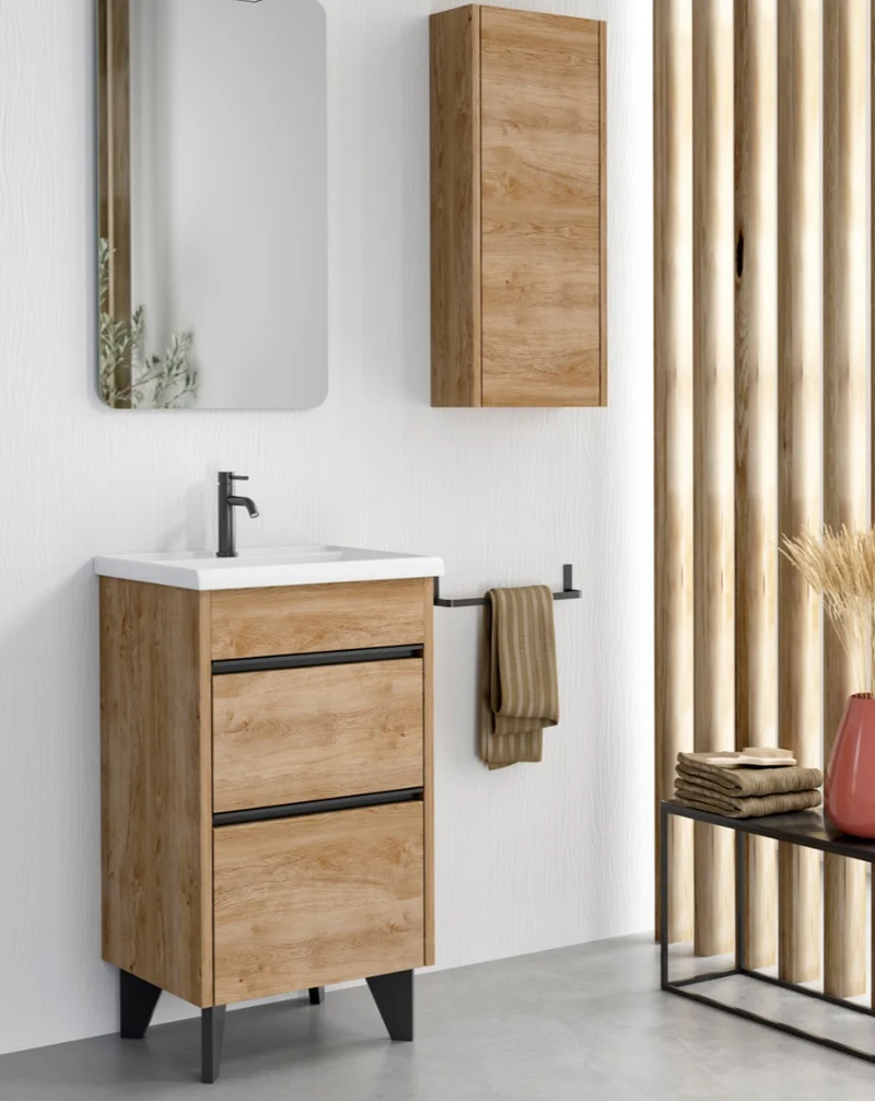 Berna Mueble de Baño al Suelo con Lavabo Cerámico de Fondo Reducido | 2 Cajones con Cierre Amortiguado y Organizador | Roble Natural
