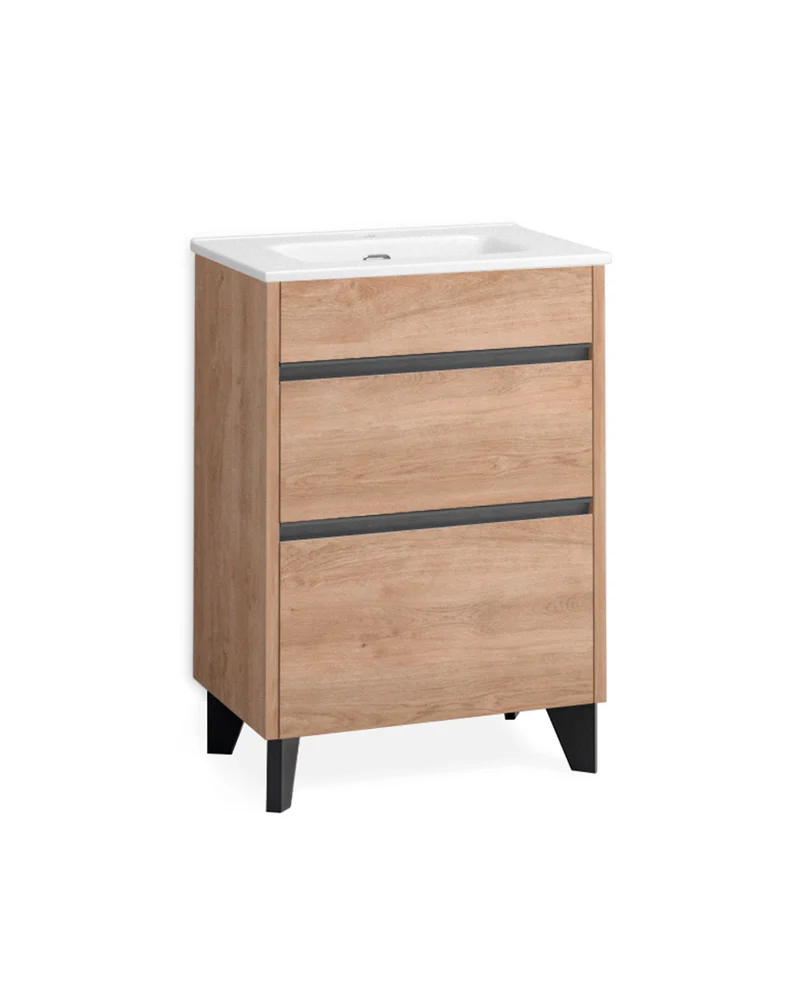 Berna Mueble de Baño al Suelo con Lavabo Cerámico de Fondo Reducido | 2 Cajones con Cierre Amortiguado y Organizador | Roble Natural