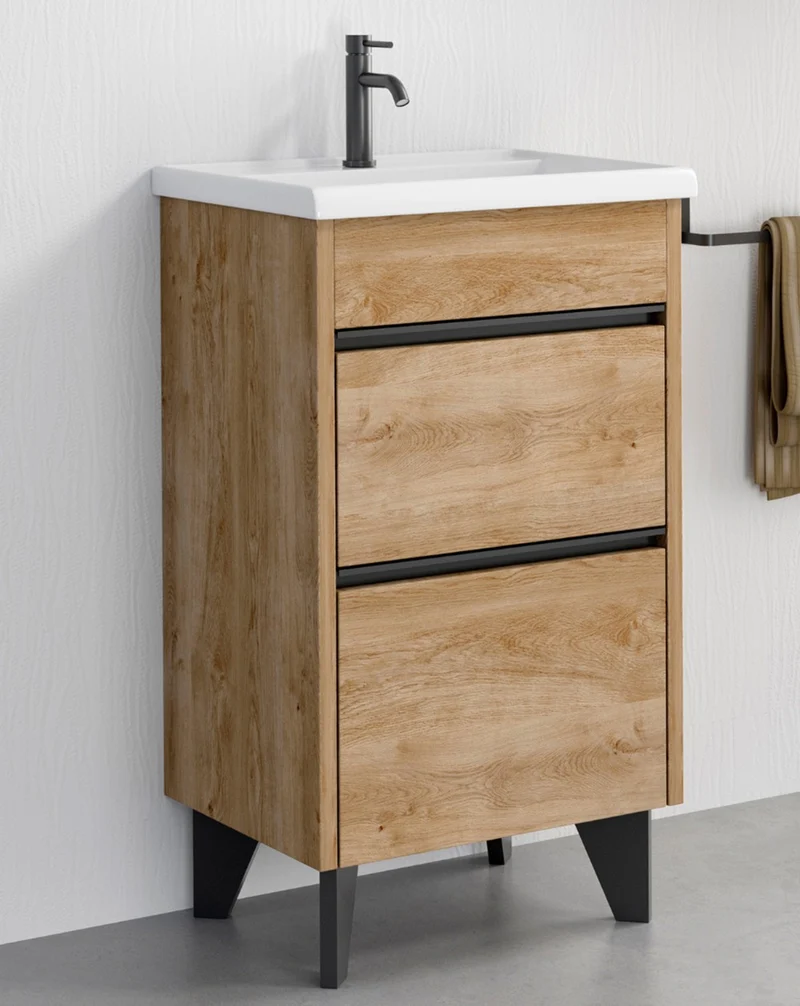 Berna Mueble de Baño al Suelo con Lavabo Cerámico de Fondo Reducido | 2 Cajones con Cierre Amortiguado y Organizador | Roble Natural