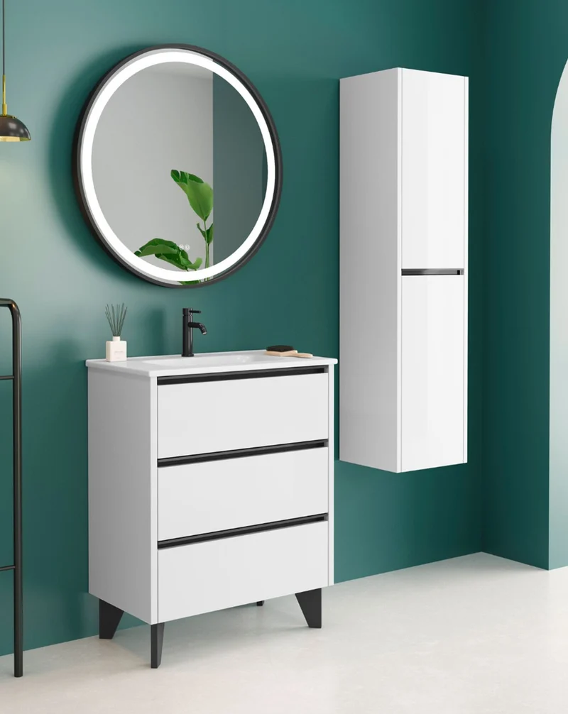 Siena Mueble de Baño al Suelo con Lavabo Cerámico de Fondo Reducido | Guías Hettich | Blanco Brillo