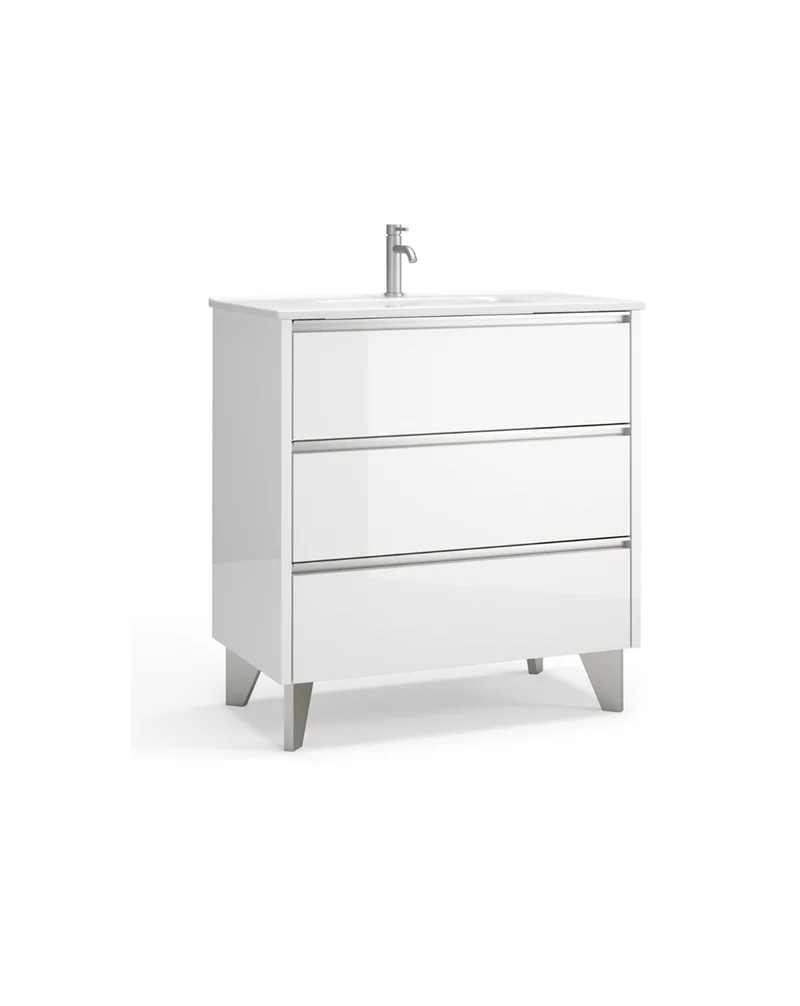 Siena Mueble de Baño al Suelo con Lavabo Cerámico de Fondo Reducido | Guías Hettich | Blanco Brillo
