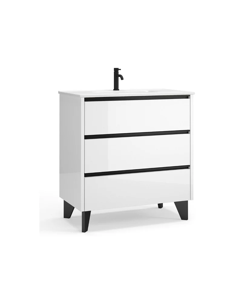 Siena Mueble de Baño al Suelo con Lavabo Cerámico de Fondo Reducido | Guías Hettich | Blanco Brillo