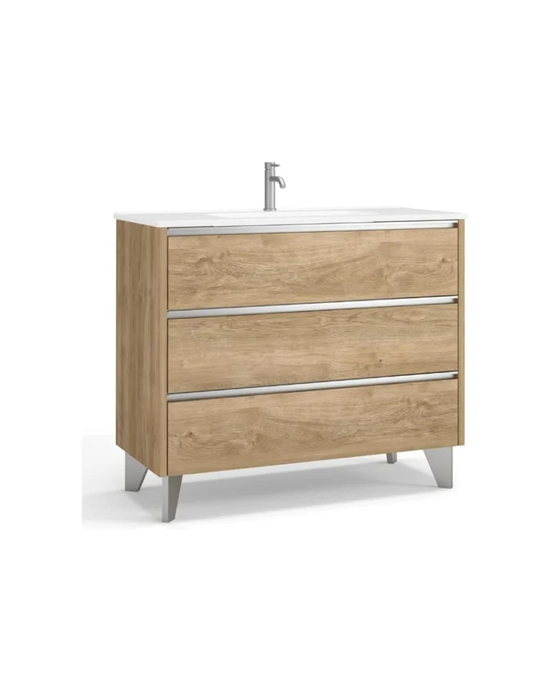 Siena Mueble de Baño al Suelo con Lavabo Cerámico de Fondo Reducido | Guías Hettich | Roble Natural