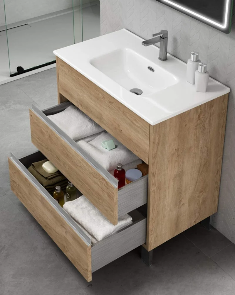 Siena Mueble de Baño al Suelo con Lavabo Cerámico de Fondo Reducido | Guías Hettich | Roble Natural