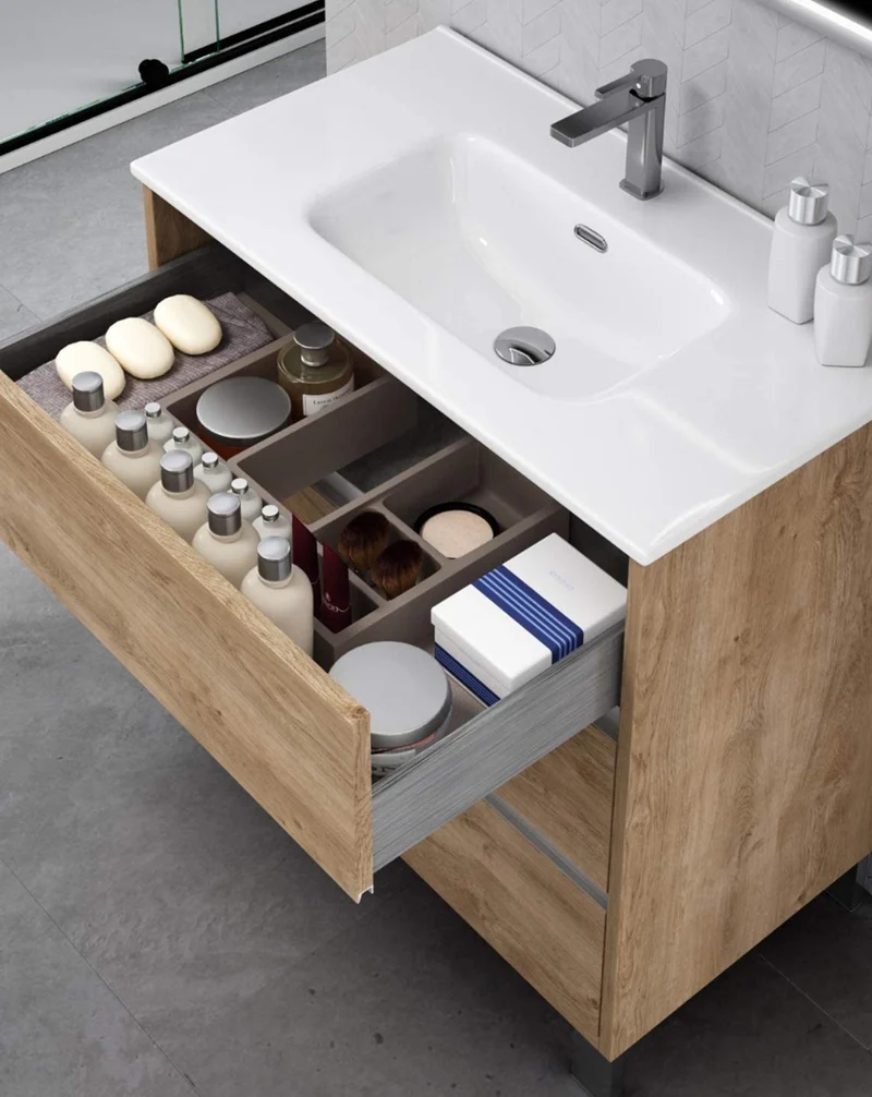 Siena Mueble de Baño al Suelo con Lavabo Cerámico de Fondo Reducido | Guías Hettich | Roble Natural