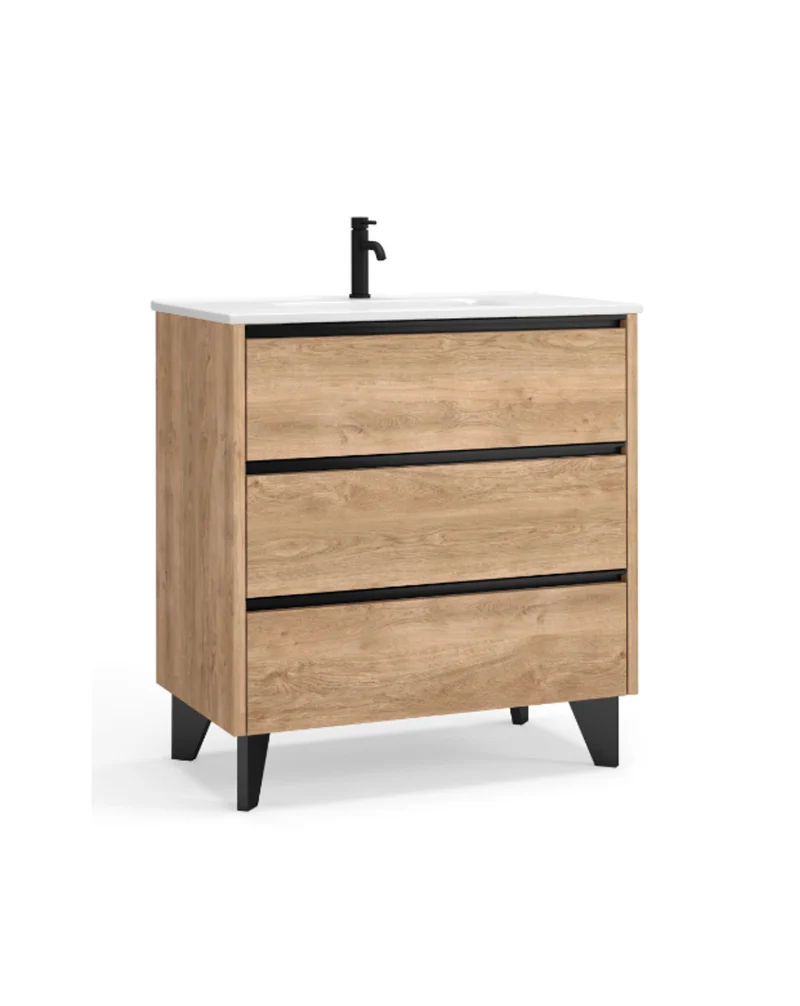 Siena Mueble de Baño al Suelo con Lavabo Cerámico de Fondo Reducido | Guías Hettich | Roble Natural