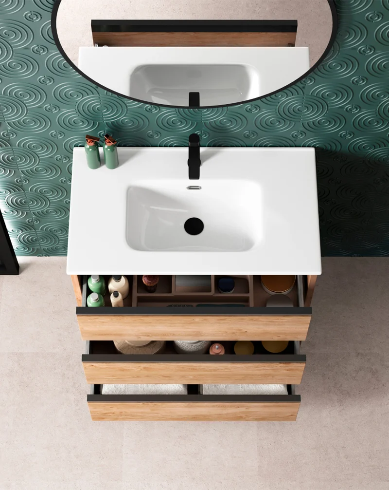 Siena Mueble de Baño al Suelo con Lavabo Cerámico de Fondo Reducido | Guías Hettich | Roble Natural