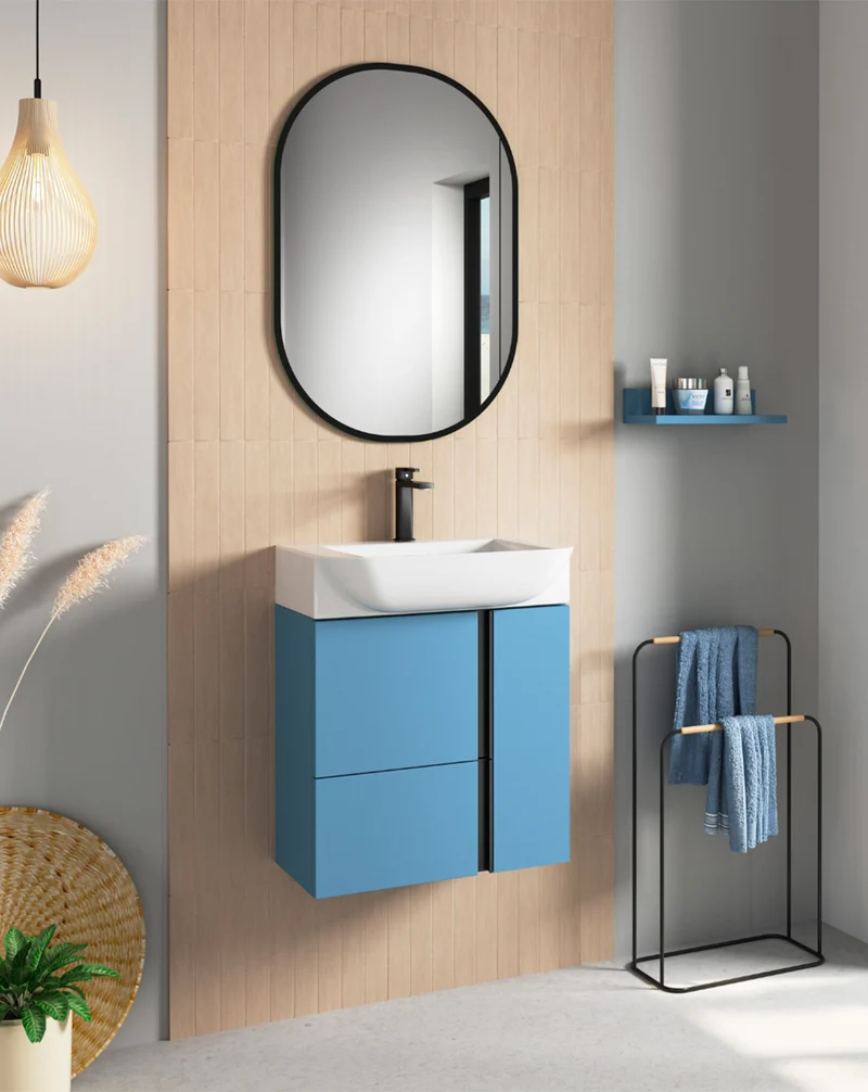 Versa 55 Mueble de Baño Suspendido a Pared Fondo Reducido | 1 cajón 2 Puertas con Lavabo Cerámico | 55cm | Island Mate