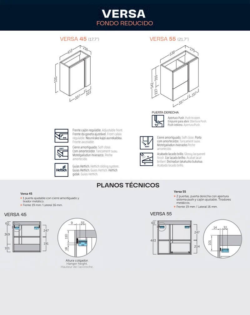 Versa 55 Mueble de Baño Suspendido a Pared Fondo Reducido | 1 cajón 2 Puertas con Lavabo Cerámico | 55cm | Blanco Brillo